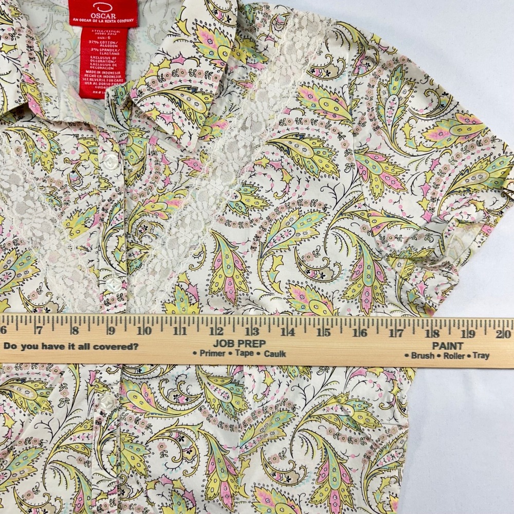 Oscar de la Renta Paisley Lace Trim Button Down Shirt Yellow Pink Womens 6 - Picture 6 of 7